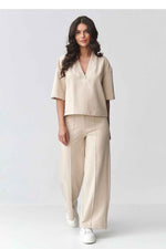 Elegantes Damen-Set aus Baumwolle – V-Ausschnitt Bluse & Hose mit weitem Bein