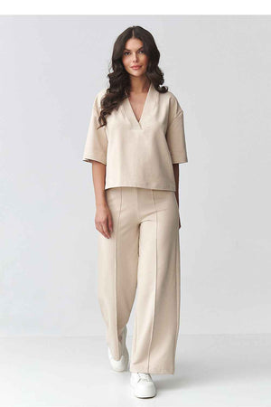 Elegantes Damen-Set aus Baumwolle – V-Ausschnitt Bluse & Hose mit weitem Bein