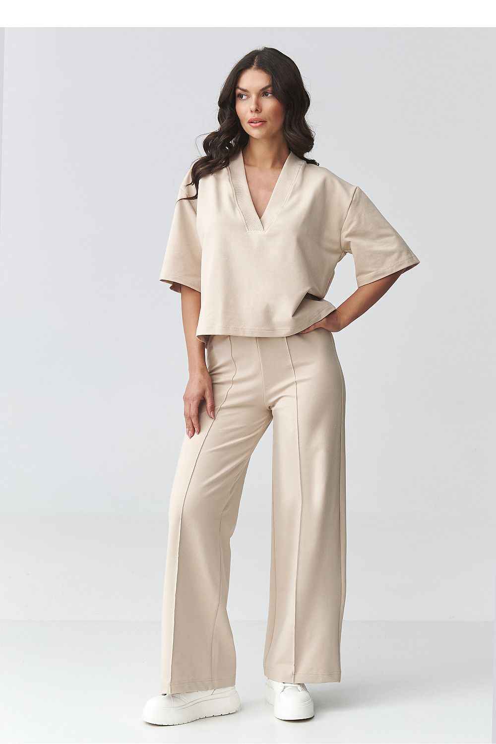 Elegantes Damen-Set aus Baumwolle – V-Ausschnitt Bluse & Hose mit weitem Bein