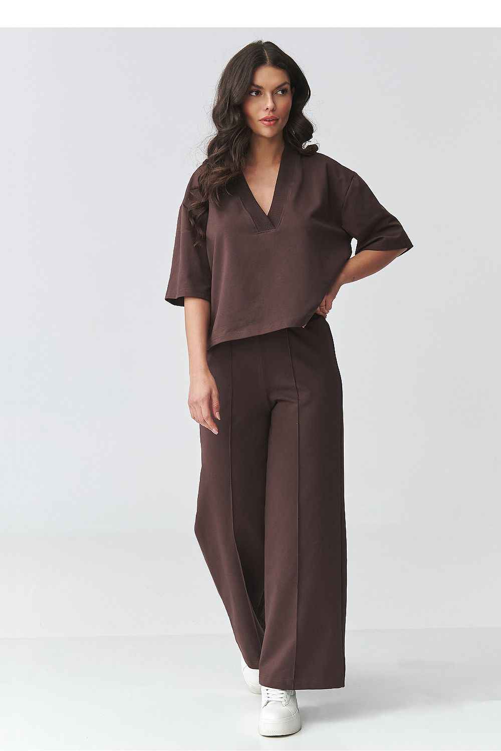 Elegantes Damen-Set aus Baumwolle – V-Ausschnitt Bluse & Hose mit weitem Bein