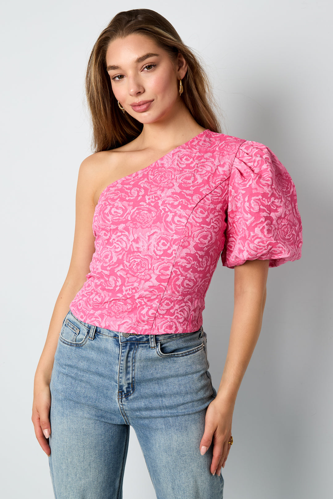Gewebte Polyesterfasern Damen Ein-Schulter Oberteil Elegantes Blumenmuster