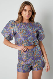 Polyester Damen Kurzarm Oberteil Puffärmel Blumenmuster