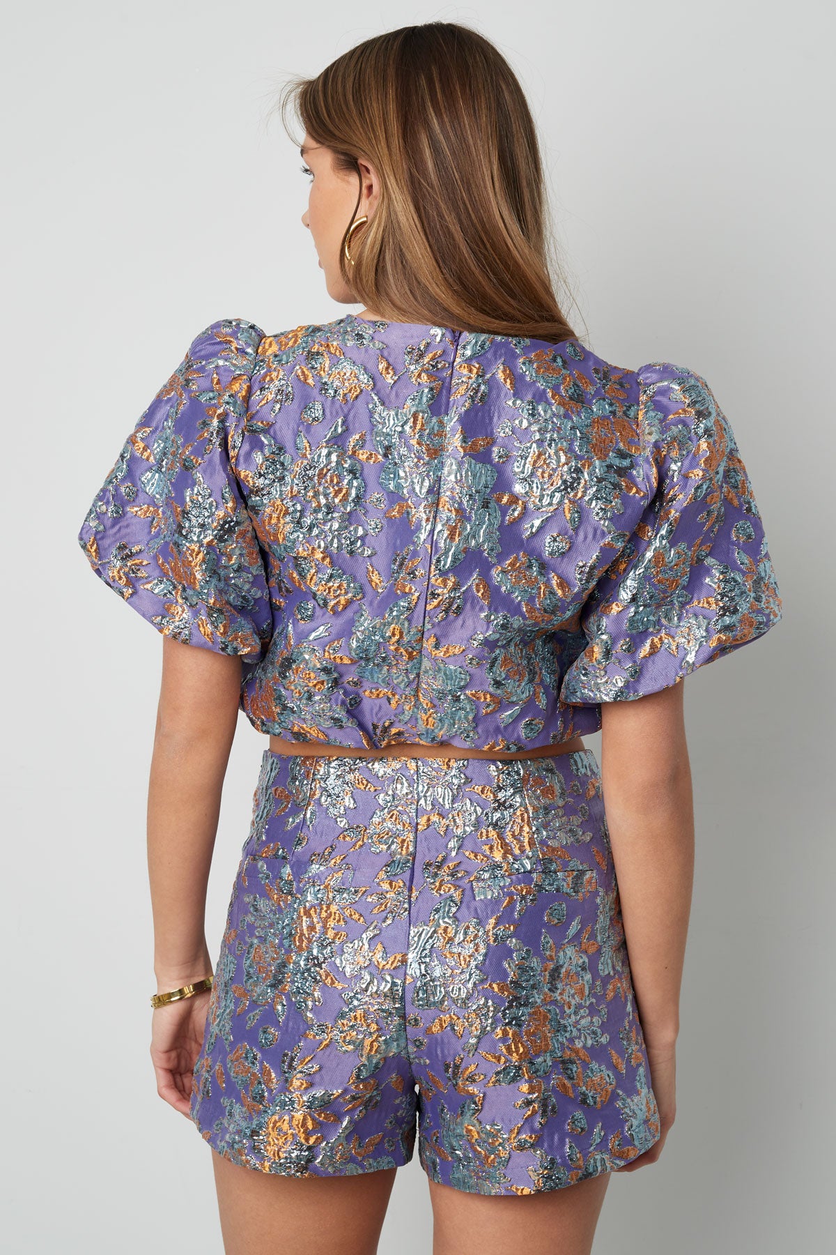Polyester Damen Kurzarm Oberteil Puffärmel Blumenmuster
