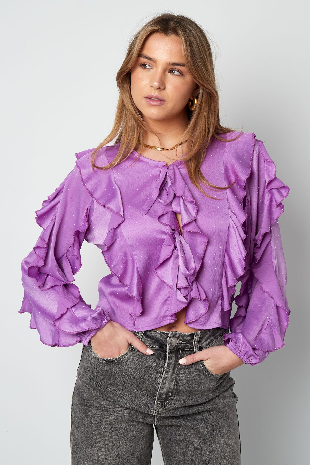 Polyester Damen Langarm-Oberteil Mit Rüschen Vorne Bindung