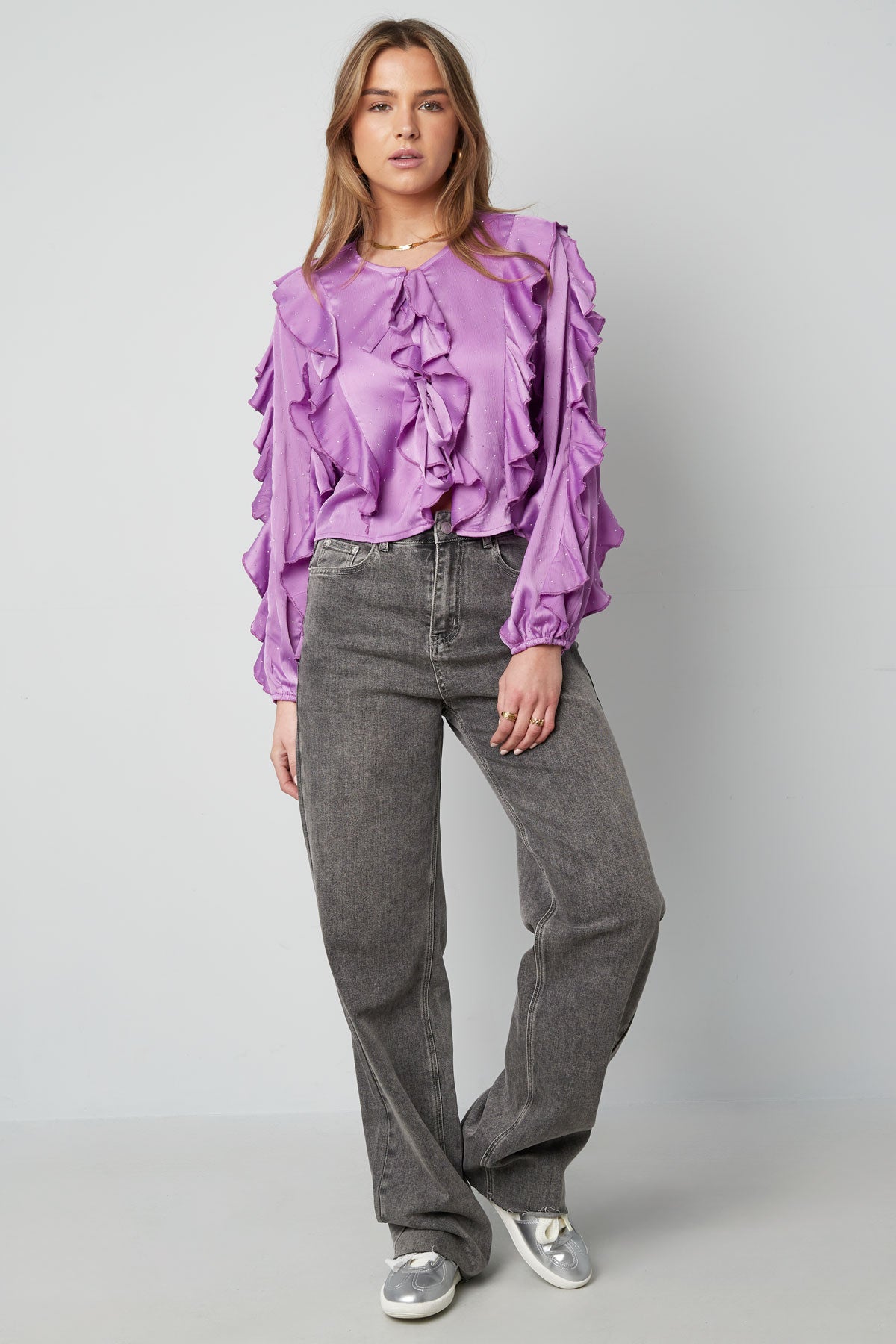 Polyester Damen Langarm-Oberteil Mit Rüschen Vorne Bindung