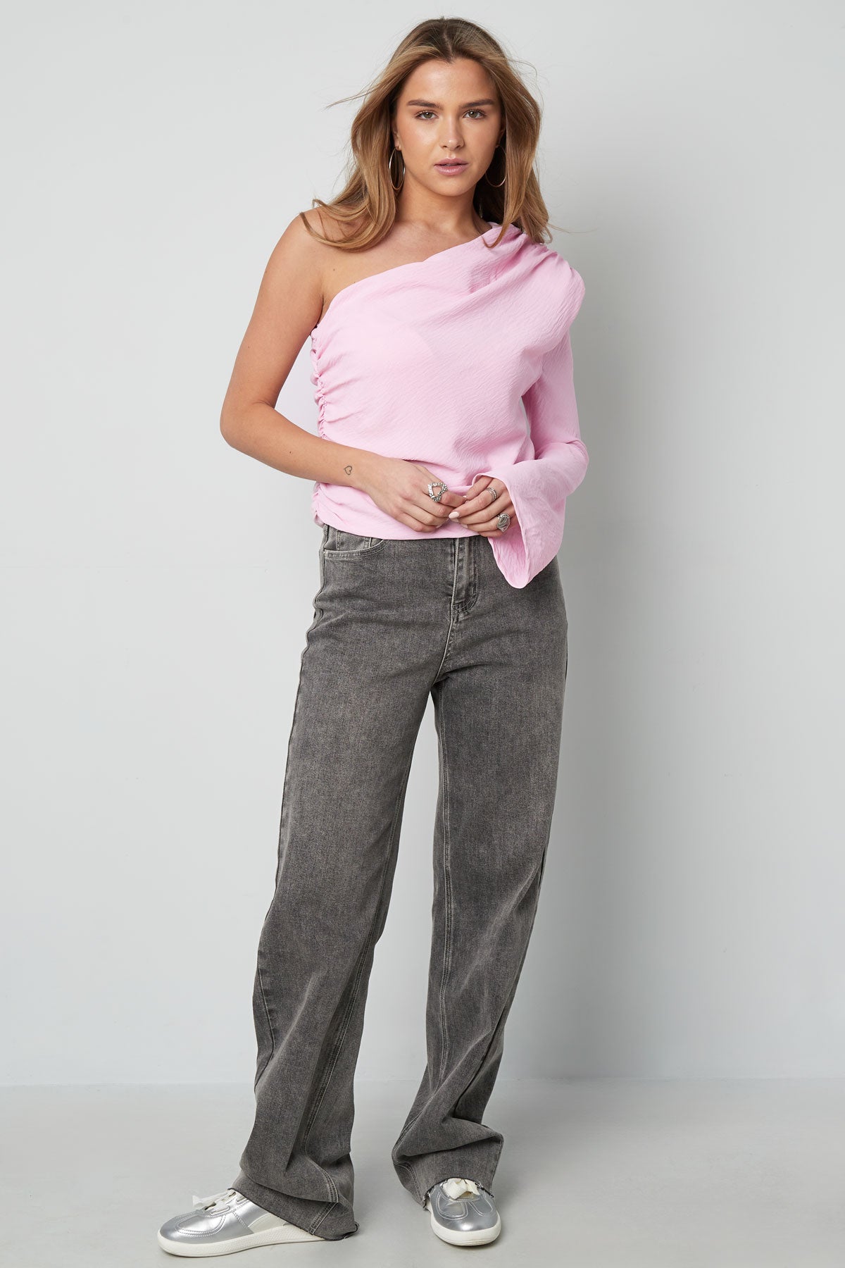 Polyester Damen Ein-Schulter Langarm Oberteil Asymmetrisches Design