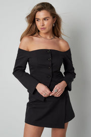 Polyester Damen Off-Shoulder Langarm Oberteil Knopfleiste Design