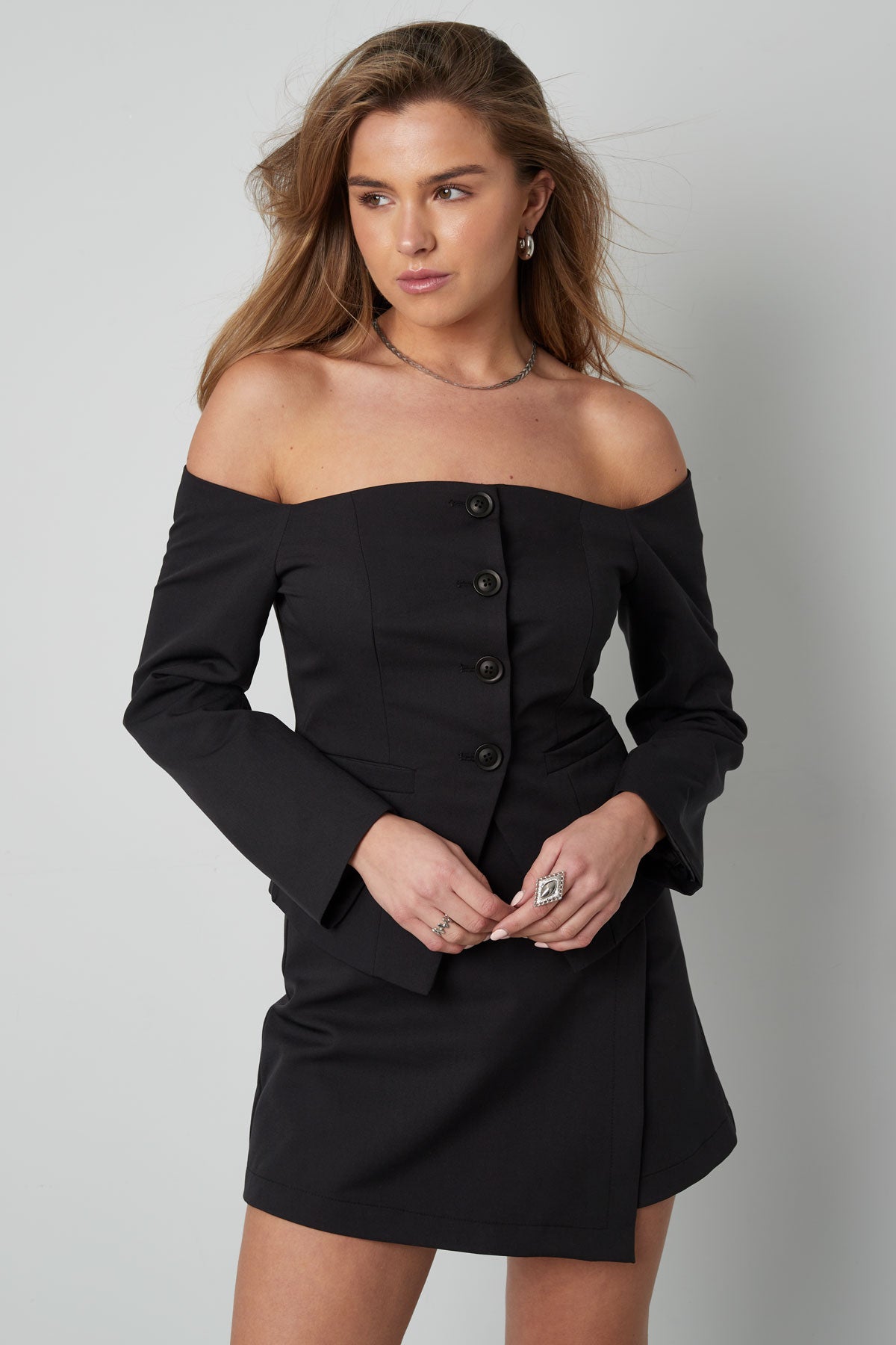 Polyester Damen Off-Shoulder Langarm Oberteil Knopfleiste Design