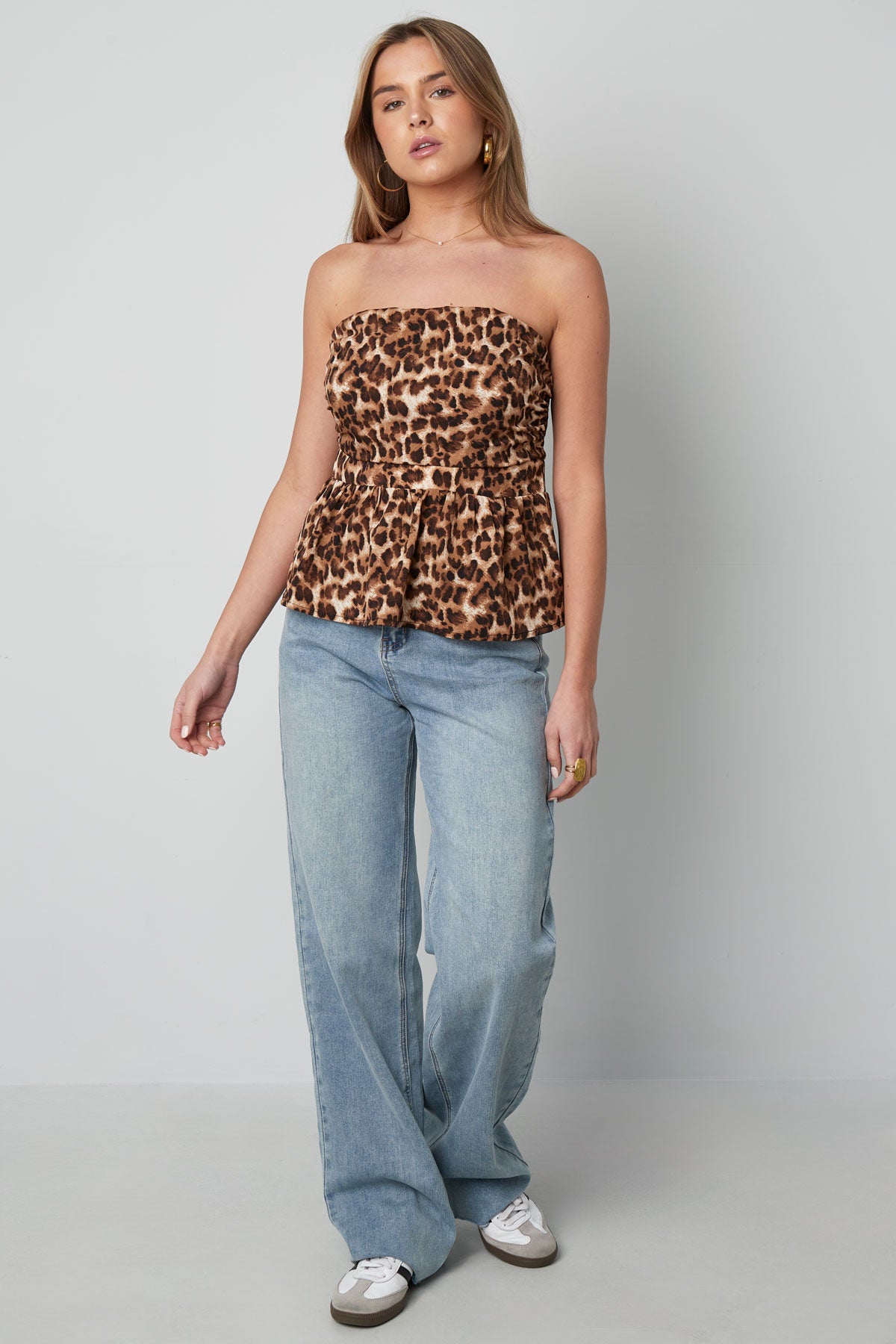 Polyester Damen Trägerloses Top Leopardenmuster Peplum Design