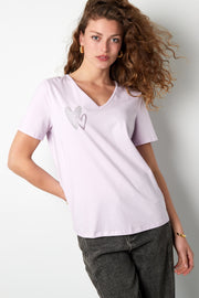 Baumwolle Damen V-Ausschnitt T-Shirt Besticktes Herz Design