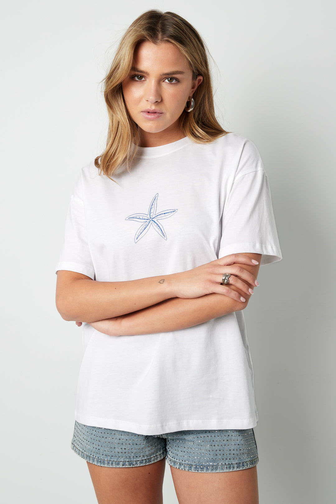 Baumwolle Damen T-Shirt Casual Bestickter Seestern