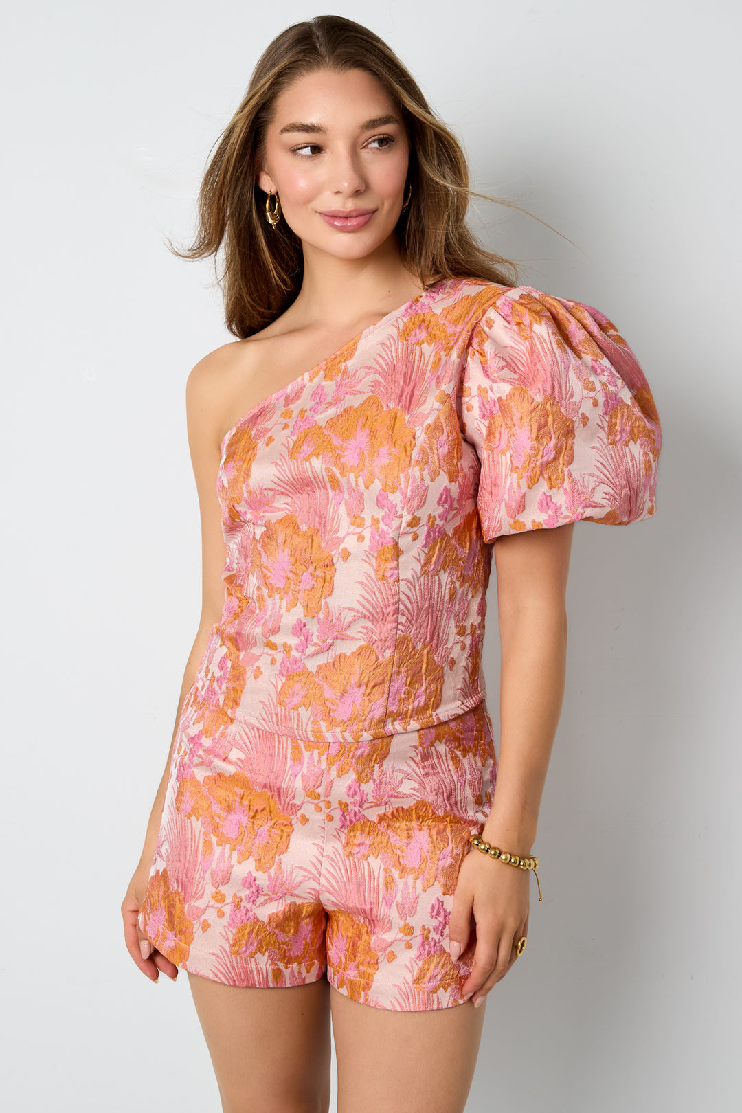 Gewebte Polyesterfasern Damen Ein-Schulter Oberteil Elegant Blumenmuster