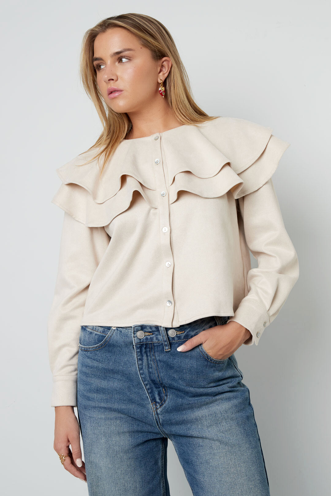 Woven Polyester Fiber Damen Bluse Elegant Ruffle Trim