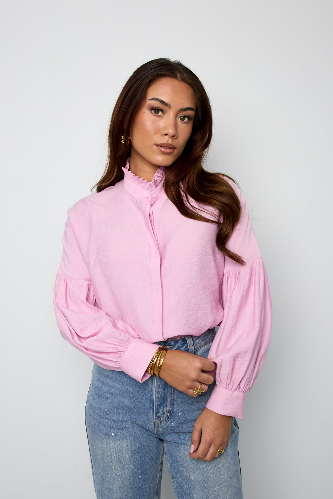 Viskose Damen-Bluse Puffärmel Stehkragen