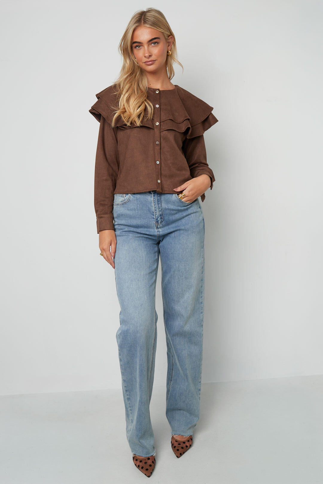 Woven Polyester Fiber Damen Bluse Elegant Ruffle Trim