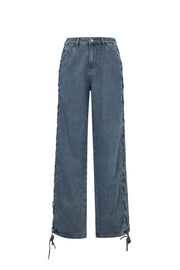 Gewebte Baumwolle Damen Gerade Hose Mit Schnürung Casual
