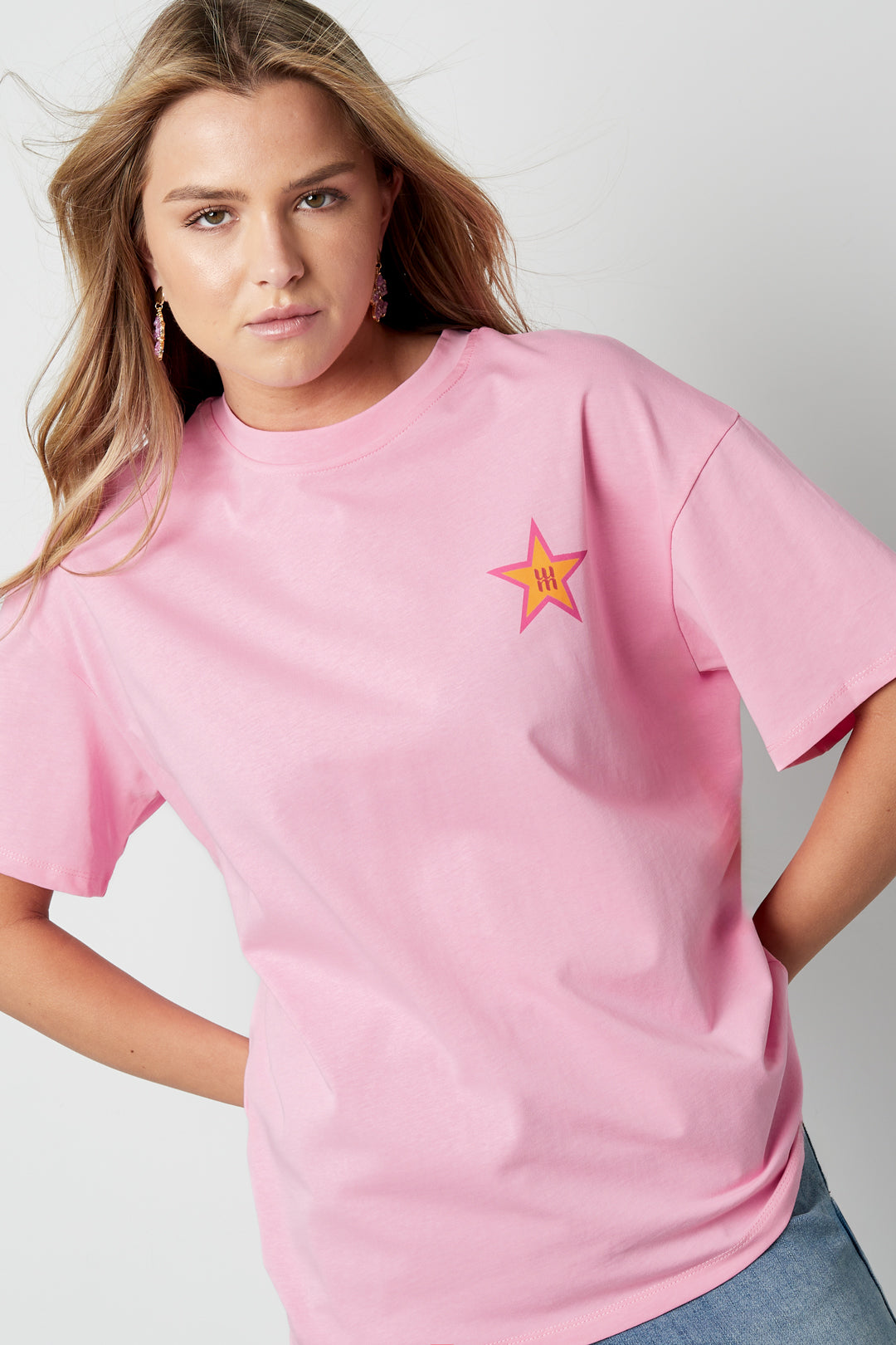 Baumwolle Damen T-Shirt Casual Stern Stickerei