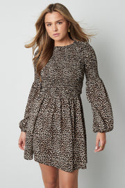 Polyester Damen Minikleid Leopardenmuster Puffärmel