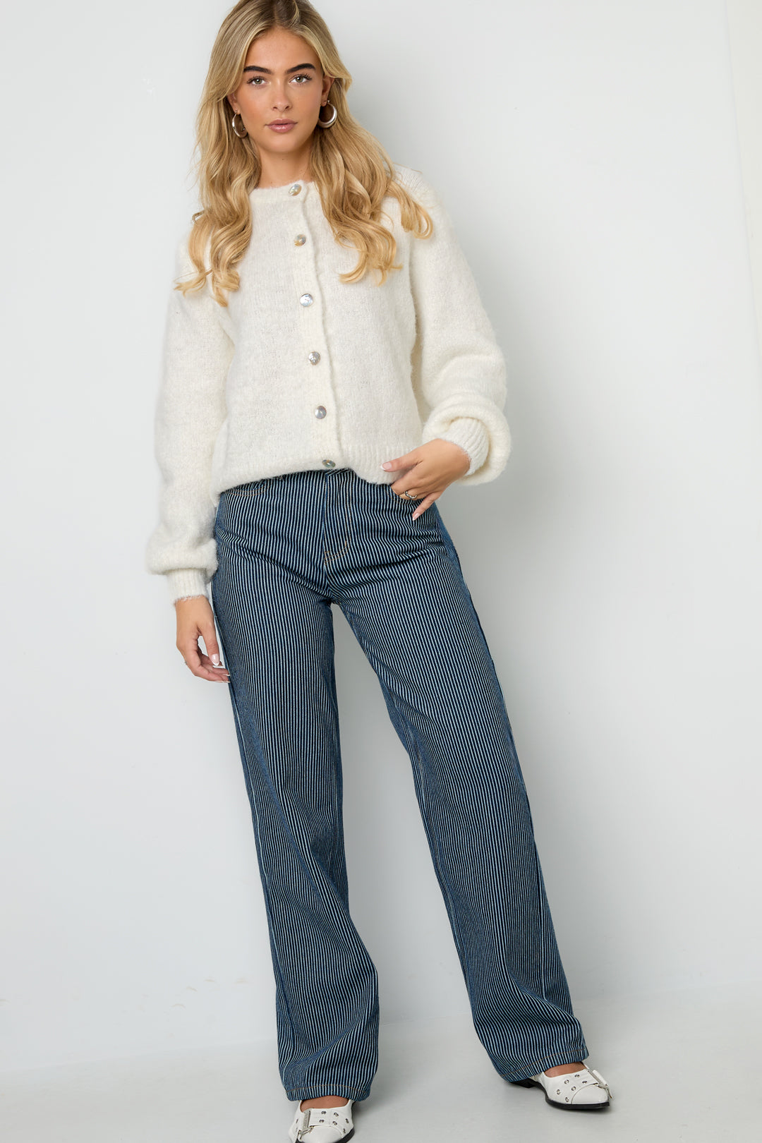 Gewebte Baumwolle Damen Gerade Hose Casual Streifen