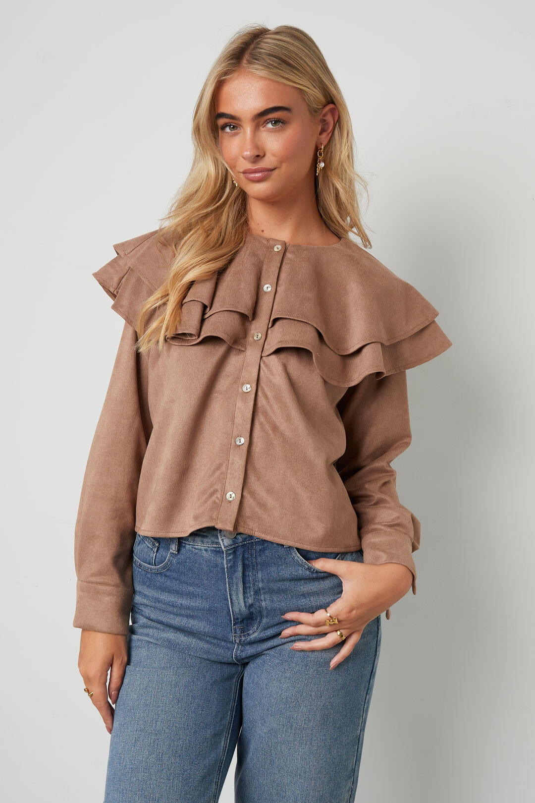 Woven Polyester Fiber Damen Bluse Elegant Ruffle Trim
