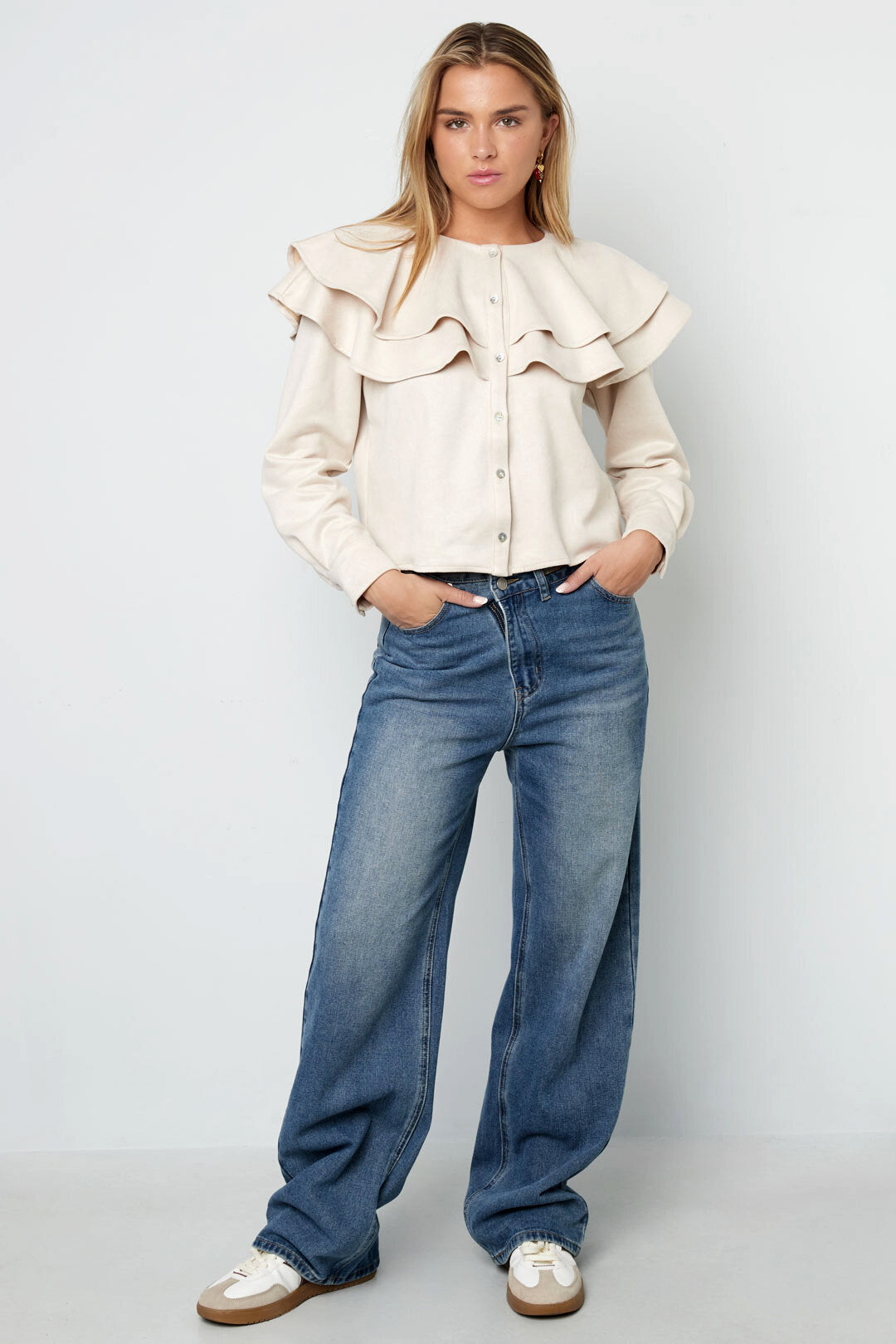 Woven Polyester Fiber Damen Bluse Elegant Ruffle Trim
