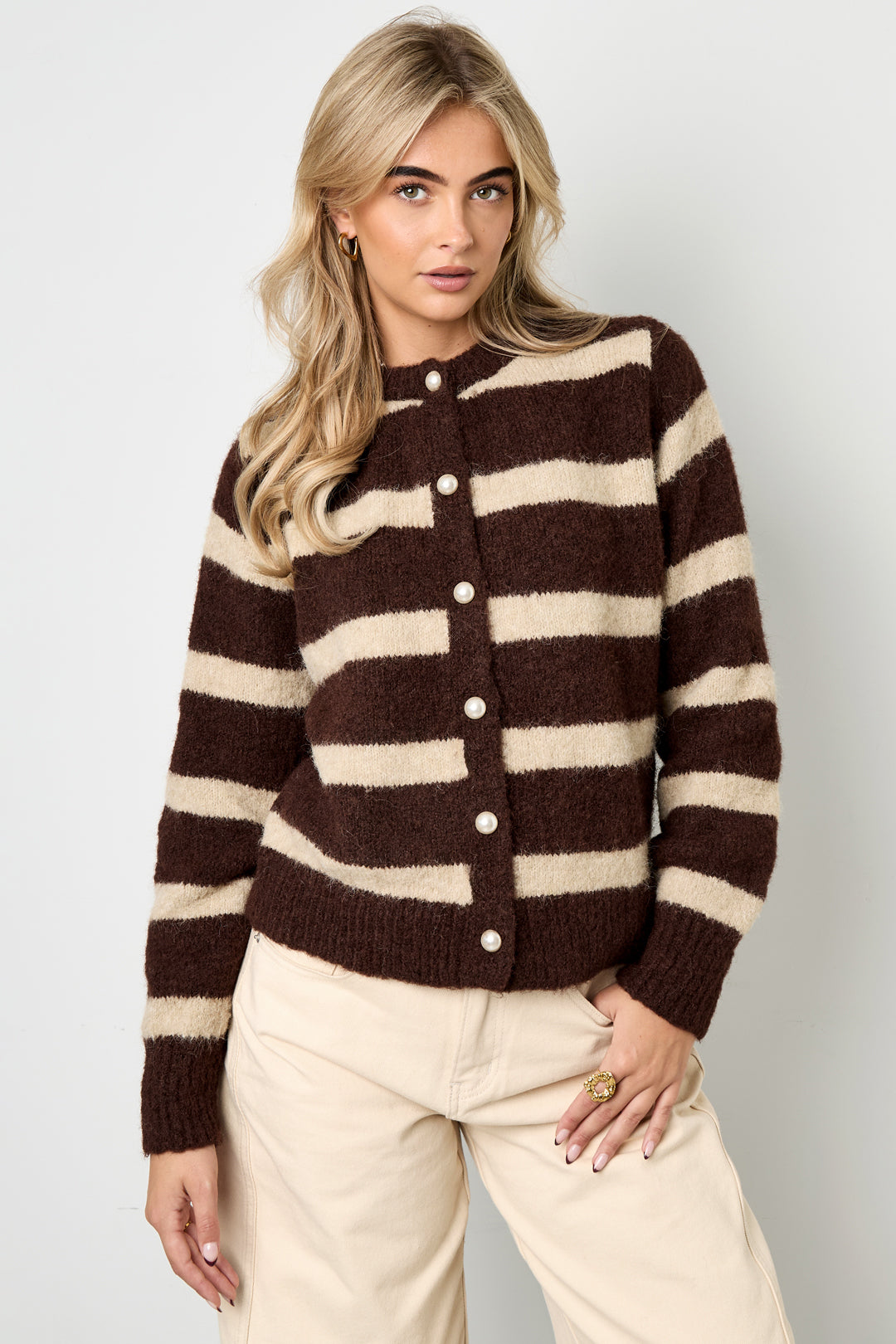 Gestrickte Polyesterfaser Damen-Cardigan Casual Streifen