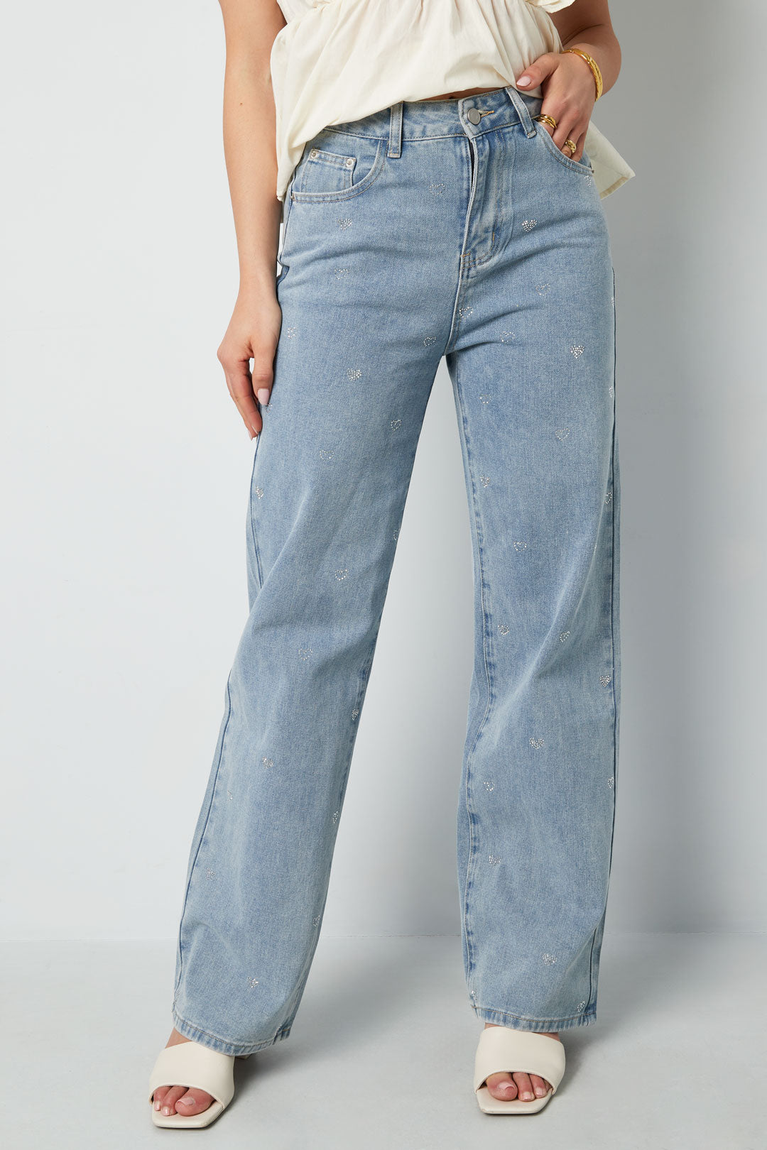 Baumwolle Gewebte Damen Gerade Jeans Herz Stickerei Casual