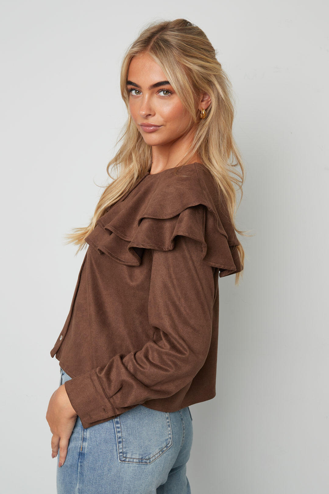 Woven Polyester Fiber Damen Bluse Elegant Ruffle Trim