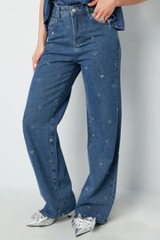 Baumwolle Gewebte Damen Gerade Jeans Herz Stickerei Casual
