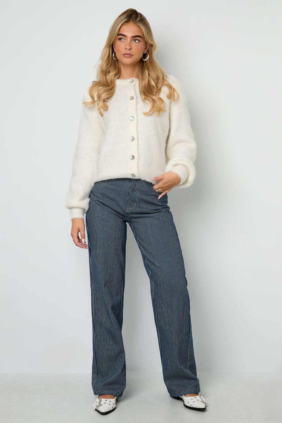 Gewebte Baumwolle Damen Gerade Hose Casual Streifen