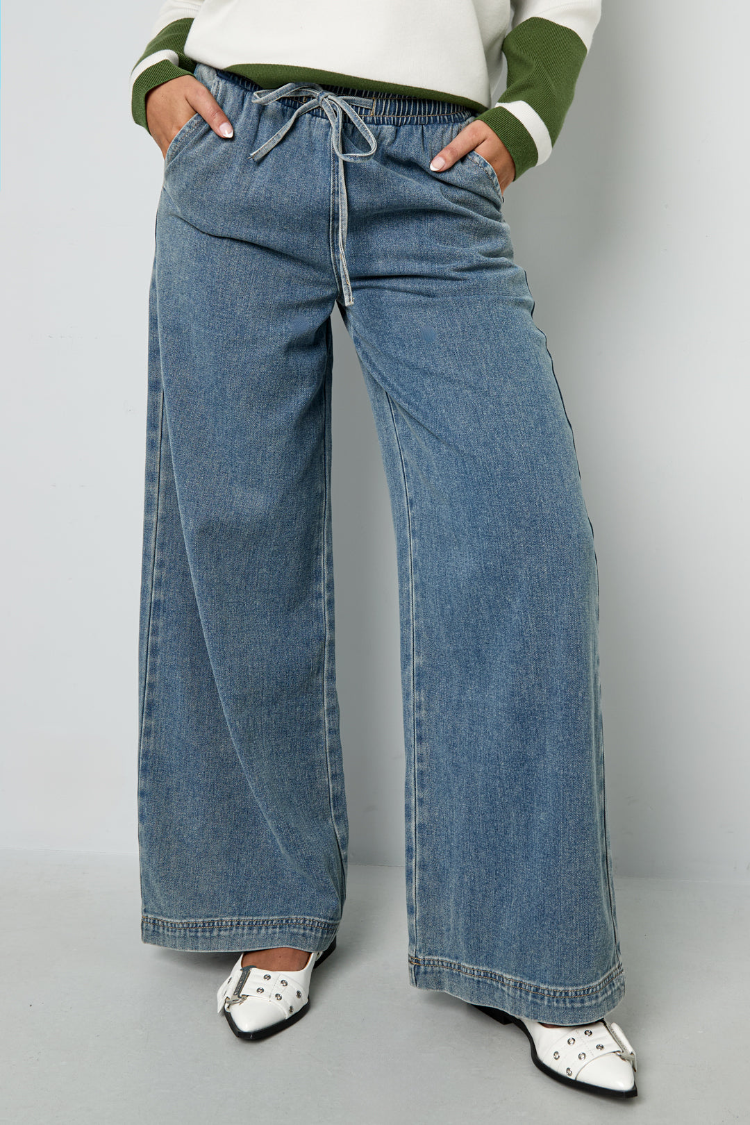 Gewebte Baumwolle Damen Wide Leg Jeans Sporty Einfarbig