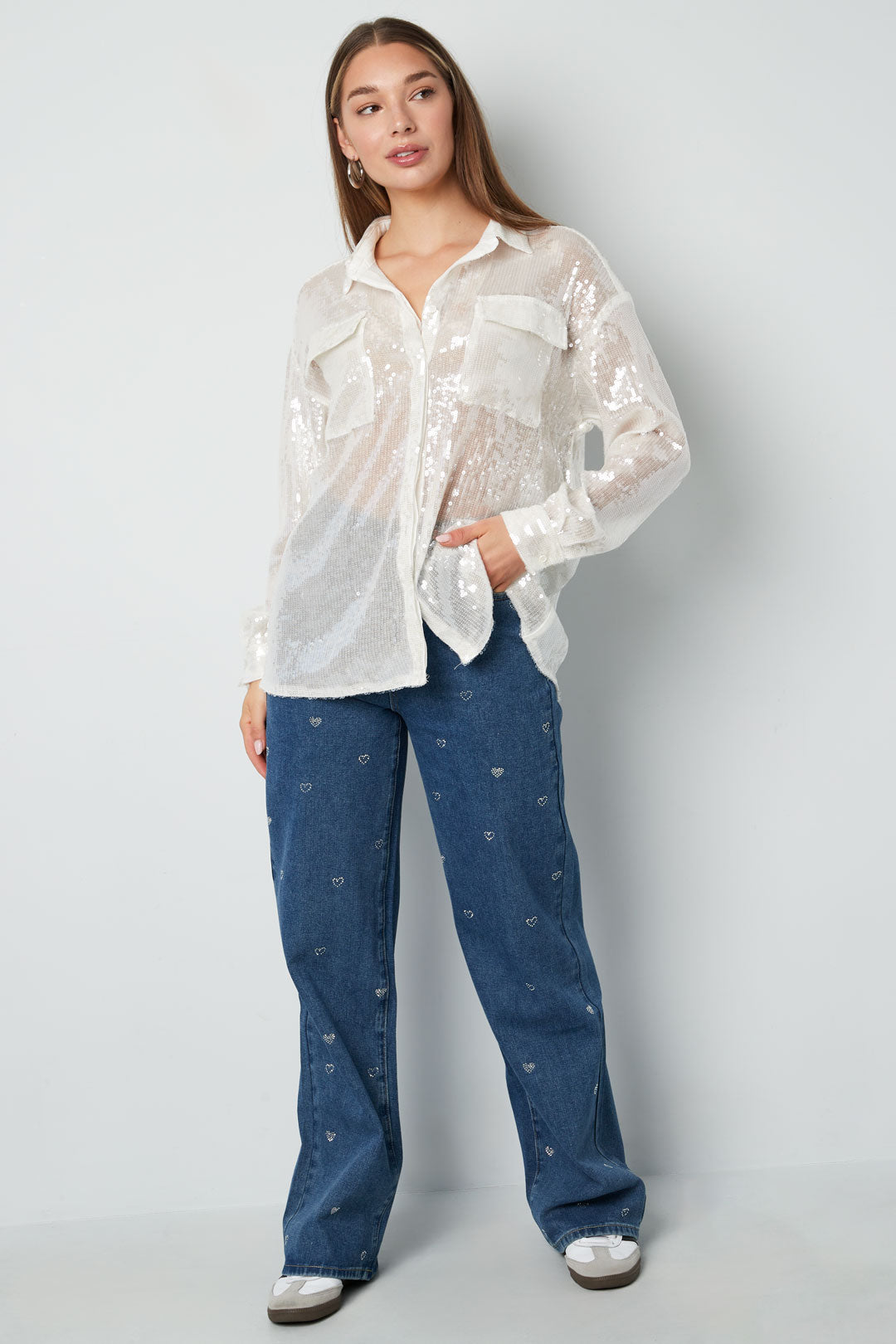 Baumwolle Gewebte Damen Gerade Jeans Herz Stickerei Casual