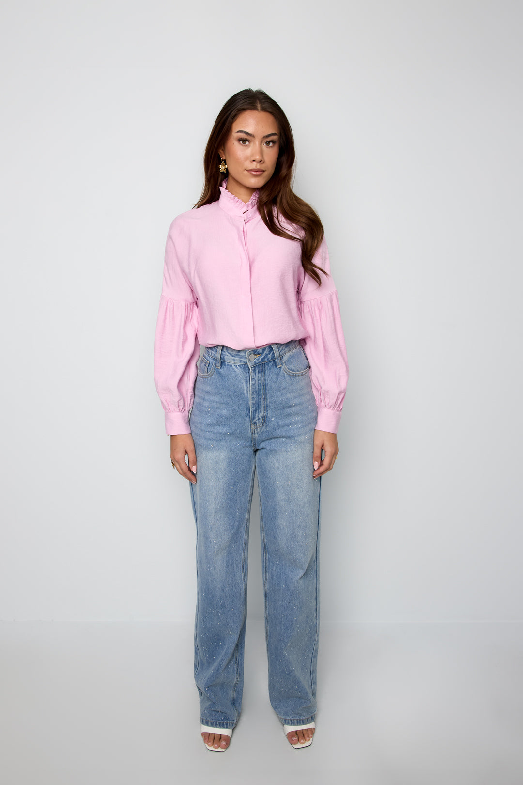 Viskose Damen-Bluse Puffärmel Stehkragen