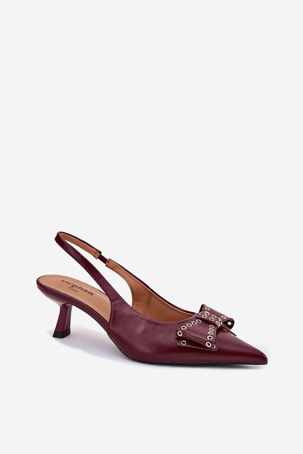 Step in style Pumps in Bordeaux mit spitzer Spitze und Schleife, Seitenansicht