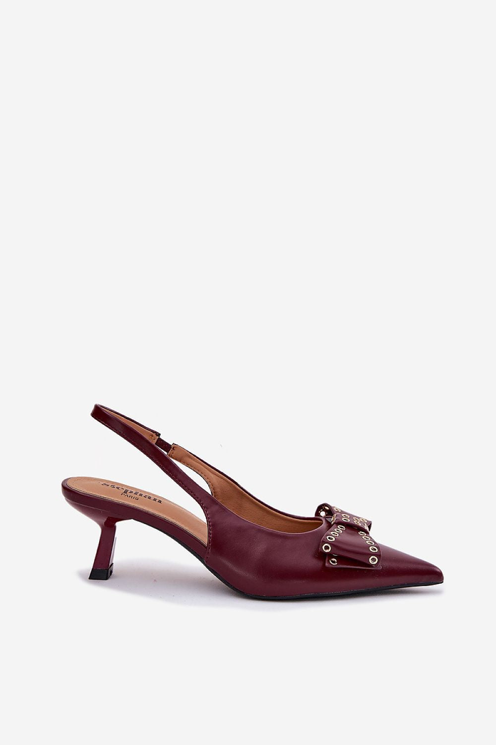 Step in style Pumps in Bordeaux mit spitzer Spitze und Schleife, Seitenansicht