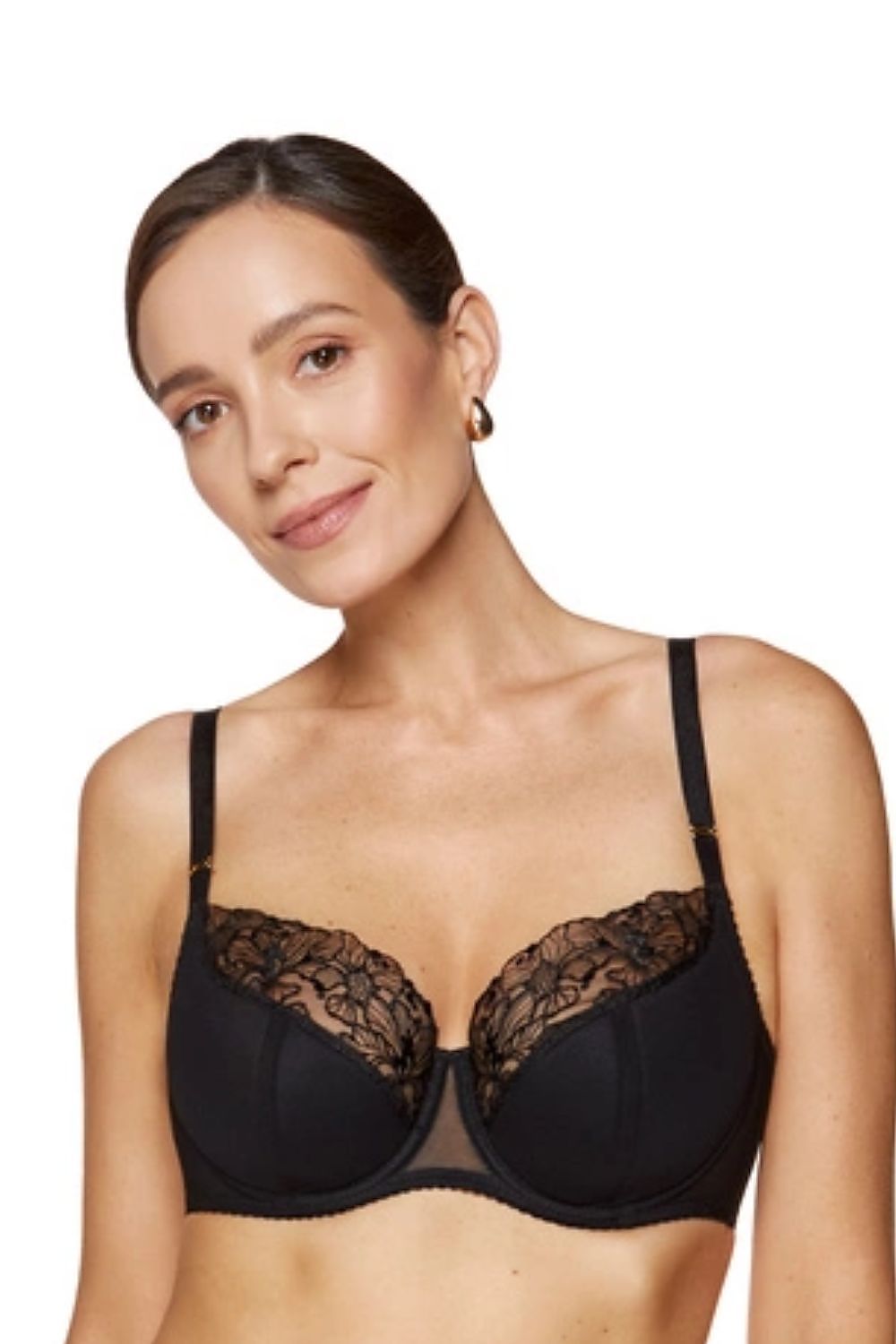 Gorteks Semi-Soft-BH in Schwarz mit Blumenstickerei, Vorderansicht