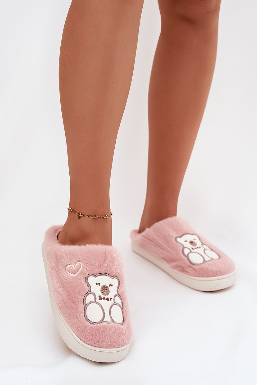 Step in style Pantolette rosa mit Bärenmotiv und Herz, Vorderansicht