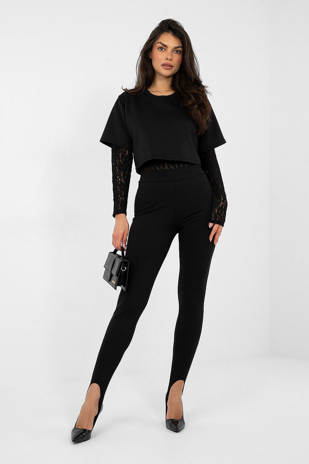 Italy Moda Bodys schwarz mit Spitze und Layer-Look, Ganzkörperansicht