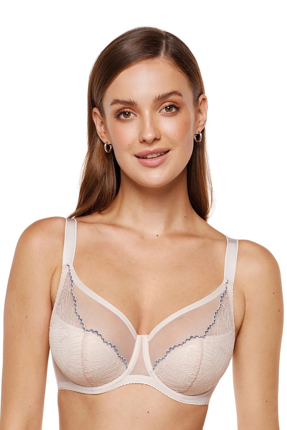 Gorteks Semi-Soft-BH in Beige mit blauer Spitze, Vorderansicht