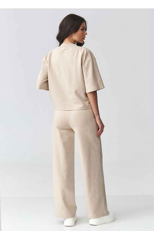 Elegantes Damen-Set aus Baumwolle – V-Ausschnitt Bluse & Hose mit weitem Bein