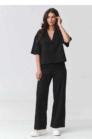 Elegantes Damen-Set aus Baumwolle – V-Ausschnitt Bluse & Hose mit weitem Bein