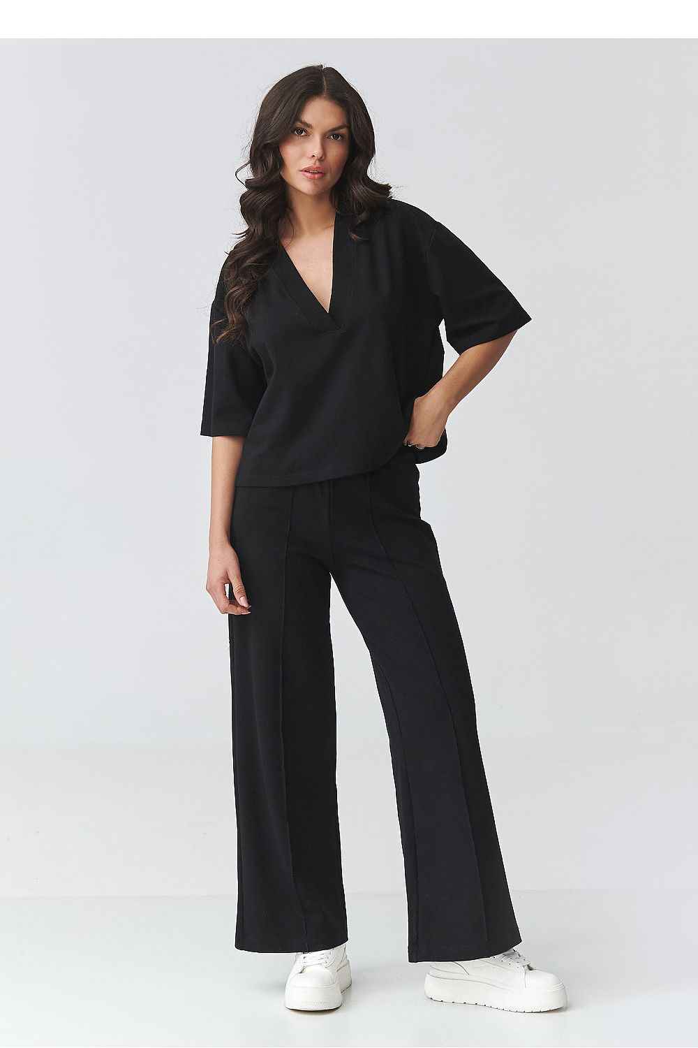 Elegantes Damen-Set aus Baumwolle – V-Ausschnitt Bluse & Hose mit weitem Bein