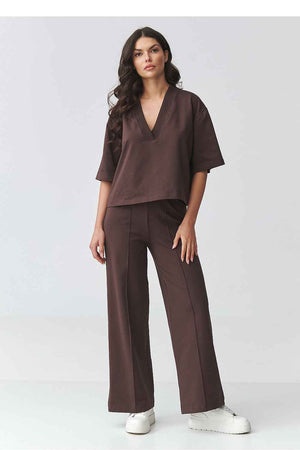 Elegantes Damen-Set aus Baumwolle – V-Ausschnitt Bluse & Hose mit weitem Bein