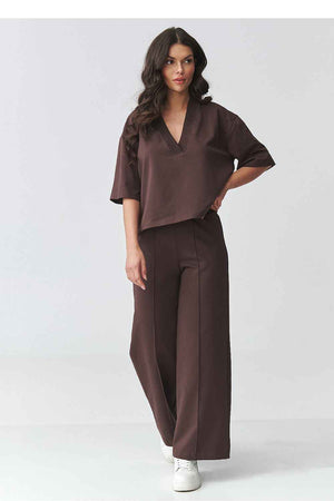 Elegantes Damen-Set aus Baumwolle – V-Ausschnitt Bluse & Hose mit weitem Bein