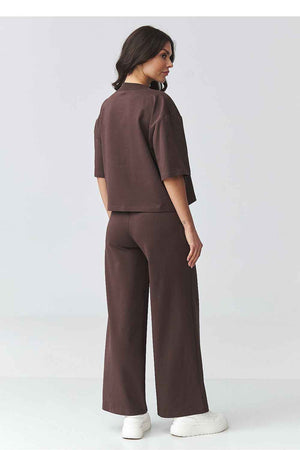 Elegantes Damen-Set aus Baumwolle – V-Ausschnitt Bluse & Hose mit weitem Bein