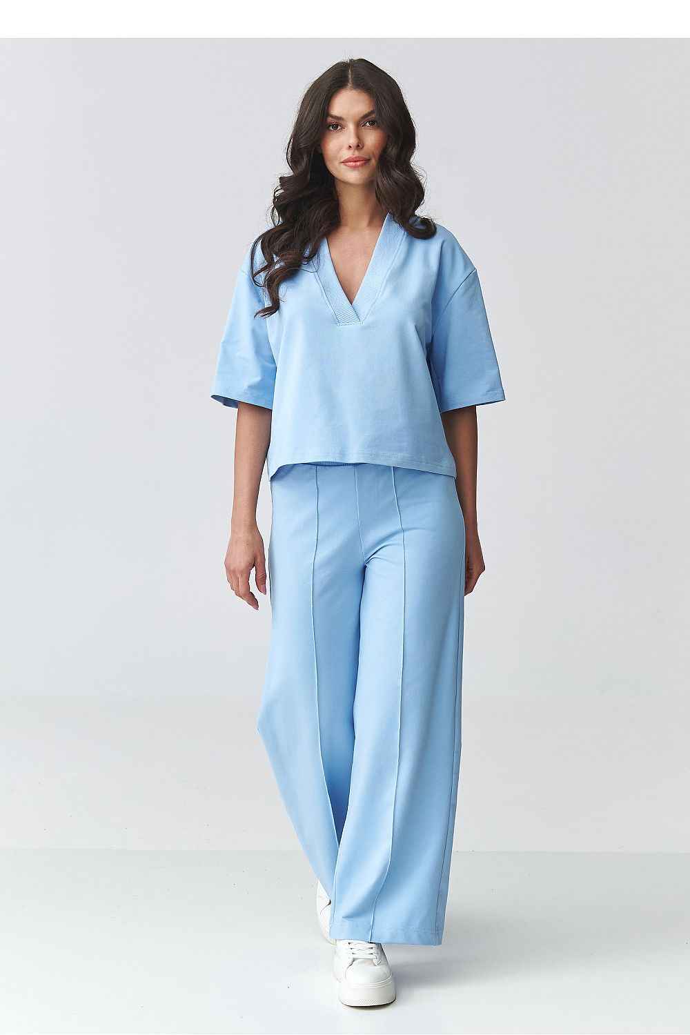 Elegantes Damen-Set aus Baumwolle – V-Ausschnitt Bluse & Hose mit weitem Bein
