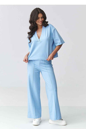 Elegantes Damen-Set aus Baumwolle – V-Ausschnitt Bluse & Hose mit weitem Bein