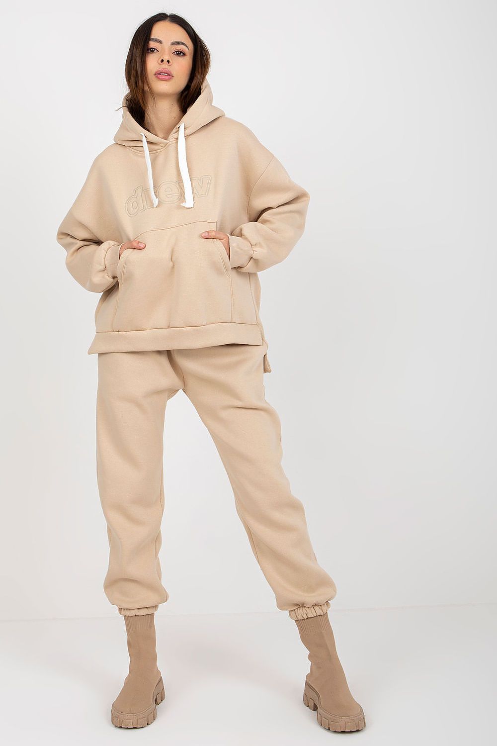 Ex Moda Damen-Sweatanzug in Beige mit Kapuzenpullover, Vorderansicht
