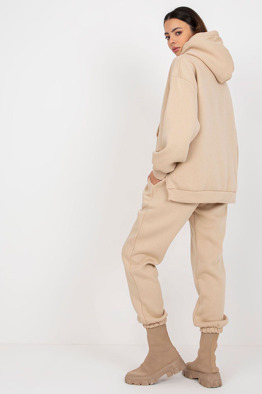 Ex Moda Damen-Sweatanzug in Beige mit Kapuze, Rückansicht