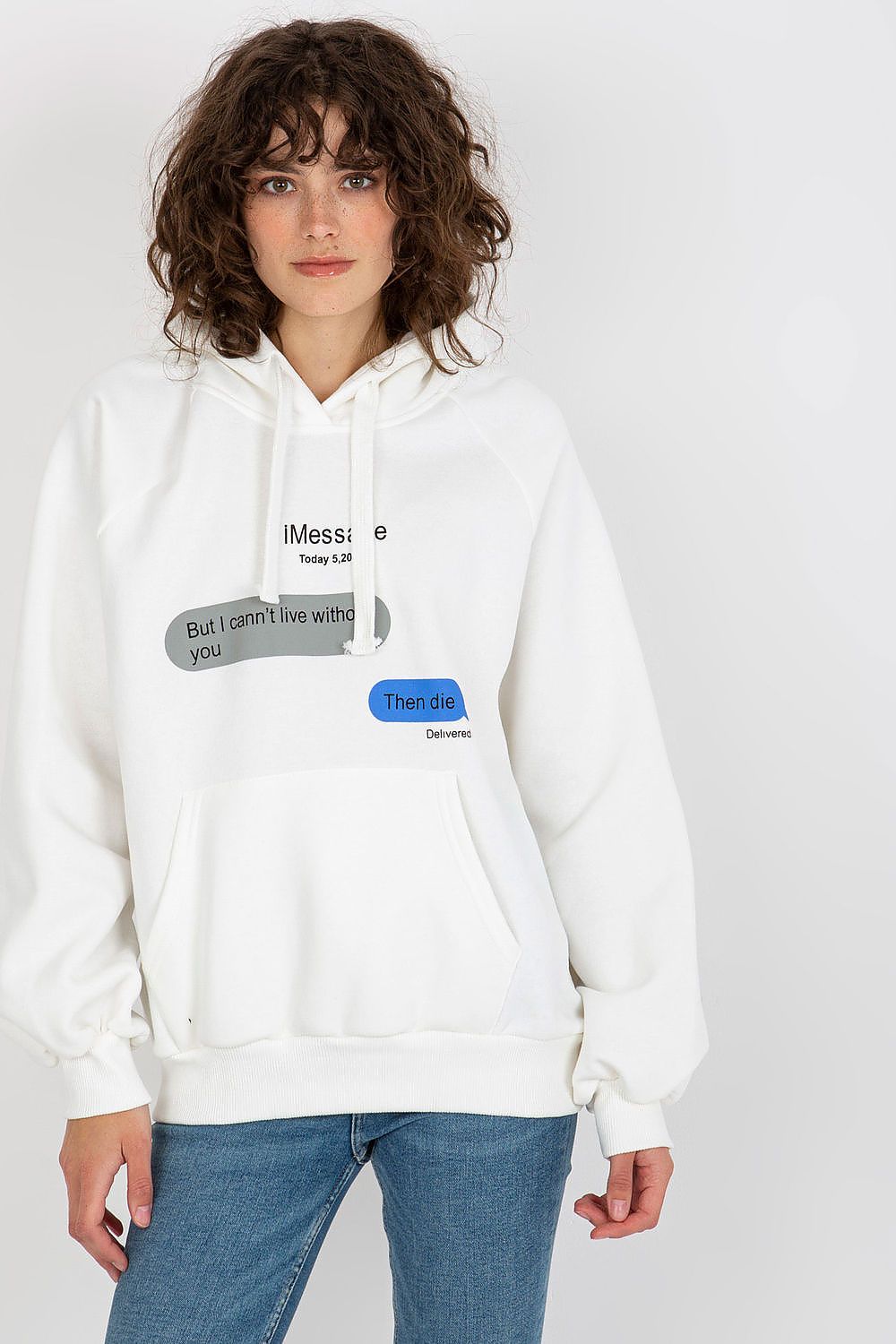 Ex Moda Hoodie in Weiß mit Print und Kängurutasche, Vorderansicht